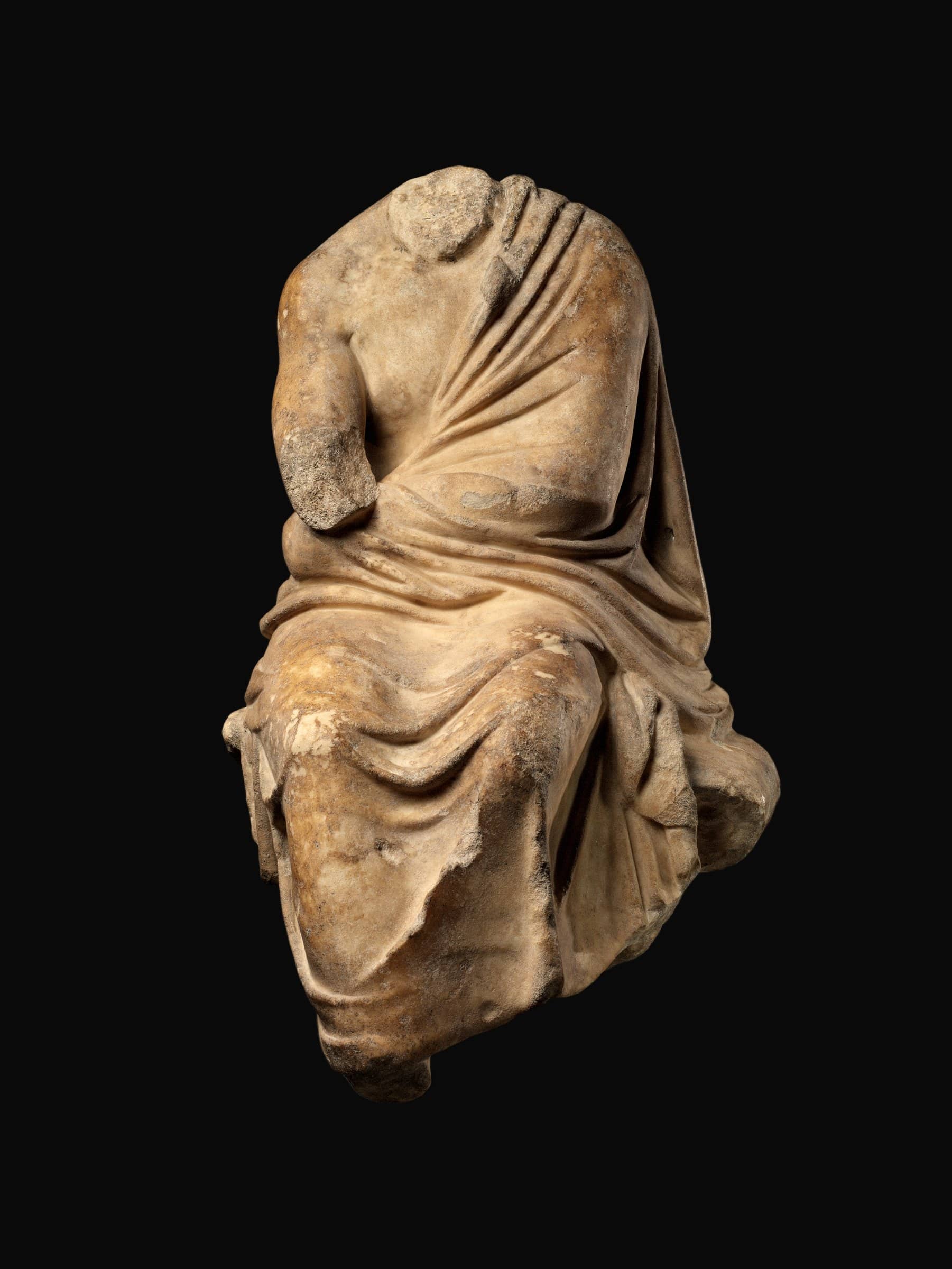 Marble statuette of a seated philosopher, Roman, 1st or 2nd century CE (The Met)