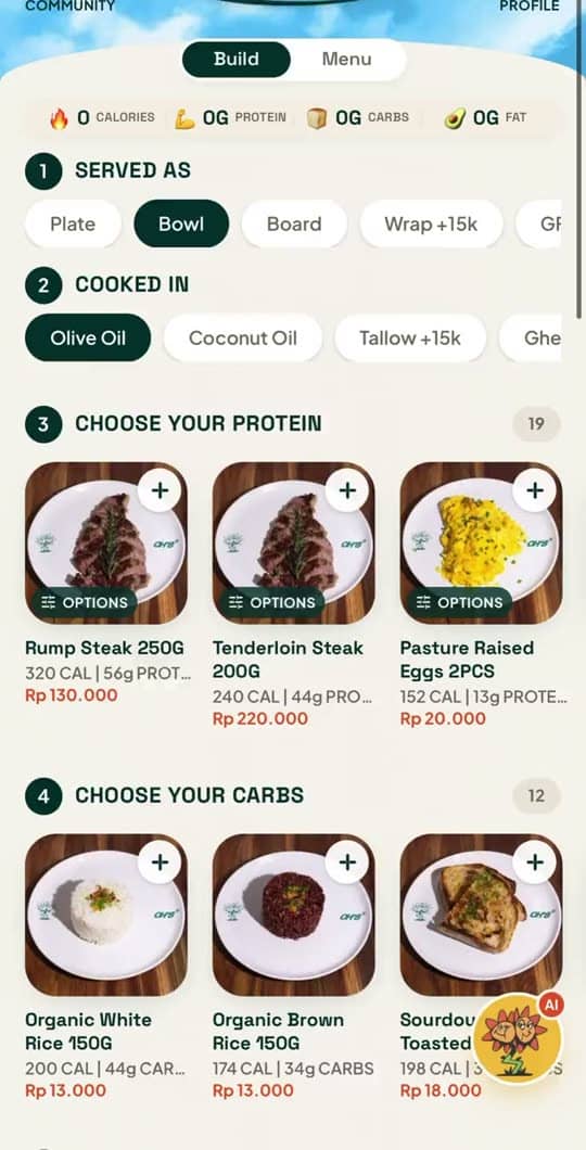 Open House App: Build a bowl and order from the table, macros counted as you go.